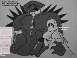 1boy 1girls black_body c0ckstrings chains dialogue ghost grace_(roblox) hand_on_hip ire_(grace) male/female nervous penis request roblox roblox_game rue_(grace) self_upload strawpage_request sweat tagme traditional_media_(artwork)