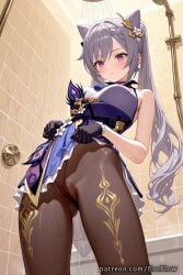 1girls 2025 ai_generated bangs bare_shoulders black_pantyhose blush breasts brown_pantyhose cameltoe closed_mouth clothes_lift cone_hair_bun dress earrings eroflow frilled_gloves frills from_below genshin_impact gloves hair_ornament hi_res highres hoyoverse indoors jewelry keqing_(genshin_impact) keqing_(genshin_impact)_(cosplay) lifted_by_self long_hair looking_at_viewer medium_breasts mihoyo mihoyo_technology_(shanghai)_co._ltd. no_panties panties pantyhose patreon purple_eyes purple_gloves purple_hair pussy see-through shower_head skirt sleeveless solo thighs twintails underwear voluptuous voluptuous_female wet