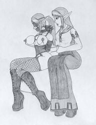 2girls arms_behind_back bdsm blindfold bondage clothing cremia femdom femsub fishnets gag gagged handdrawn incest malon monochrome nipples ponytail raver1357 restrained romani siblings sisters slave terminan_hylian the_legend_of_zelda thighhighs tied_hair wrists_bound yuri