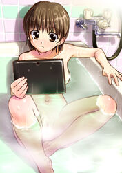 bath bathing breasts brown_eyes brown_hair censored female joe777sg nude original pussy short_hair solo tablet_pc water wet