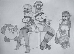 ball_gag bondage christmas crossover fishnets gag kirby kirby_(series) mario_(series) metroid monochrome nintendo nipples princess_peach princess_zelda raver1357 restrained rope samus_aran super_smash_bros. tape_gag the_legend_of_zelda topless twilight_princess zelda_(twilight_princess)