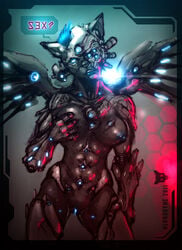 breasts feline cybernetic_limbs cybernetics cyborg dialogue feline female looking_at_viewer neurodyne nipples nude pussy wings