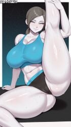 1girls ai_generated breasts female grey_eyes huge_breasts leg_up mat sitting solo solo_female sotawa sweat thick_thighs white_skin wii_fit wii_fit_trainer wii_fit_trainer_(female)