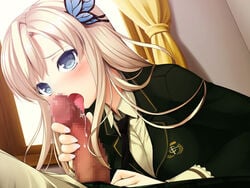 blonde_hair blue_eyes blush boku_wa_tomodachi_ga_sukunai breasts butterfly_hair_ornament censored cleavage clothed cum curtains fellatio female hair_ornament handjob hasegawa_kodaka himukai_kyousuke human long_hair open_fly oral penis plaid saliva school_uniform sena_kashiwazaki tongue uniform unzipped window