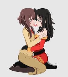 2girls belt black_belt black_hair black_thighhighs brown_pantyhose brown_skirt cosplay costume_switch dress female french_kiss highres kissing kono_subarashii_sekai_ni_shukufuku_wo! kuroki_tomoko kuroki_tomoko_(cosplay) kurokimoko megumin megumin_(cosplay) multiple_girls necktie no_shoes on_lap pantyhose red_dress red_necktie simple_background sitting skirt thighhighs tongue tongue_out watashi_ga_motenai_no_wa_dou_kangaetemo_omaera_ga_warui! yuri