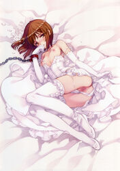 anus bondage breasts brown_hair censored censored_pussy detached_sleeves dress elbow_gloves frills hagiwara_yukiho highres idolmaster lying nipples on_side ooyari_ashito pixelated pussy shackles small_breasts thighhighs vagina