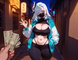 1boy 1girls 1other ai_generated alley alternate_costume ambiguous_gender balecxi bangs banknote black_pants black_sports_bra blue_eyes blue_nails blush breasts cleavage cleavage_cutout clothing clothing_cutout crop_top curvaceous curvaceous_female curvaceous_figure curvy curvy_figure earrings fellatio_gesture female female_focus g-string genshin_impact gym gym_clothes gym_uniform hair_ornament hair_over_one_eye hand_in_pocket highleg highleg_panties holding holding_money jacket jewelry lamppost large_breasts long_hair long_sleeves looking_at_viewer male mask midriff money mouth_mask nail_polish navel night night_sky ok_sign open_clothes open_jacket outdoors panties pants pov_hands prostitution shenhe_(genshin_impact) solo_focus sports_bra stomach tassel tassel_earrings thighs track_jacket underwear voluptuous voluptuous_female white_hair wide_hips yoga_pants