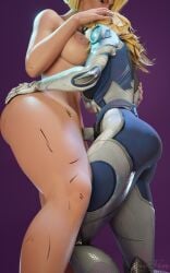 2girls 3d big_breasts big_thighs blonde_hair blue_eyes breasts emma_frost emma_frost_(marvel_rivals) face_on_breast femdom hand_on_butt hand_on_head huge_thighs hugging implied_fingering invisible_woman invisible_woman_(marvel_rivals) marvel marvel_rivals simple_background size_difference skinsuit sue_storm sweethime thighs