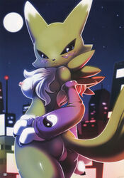 anthro ass black_nose black_sclera breasts color digimon female female_only fur furry furry_ass furry_breasts furry_tail hand_on_hip moon nancher night nude outdoors raised_tail renamon sky tagme tail