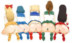 5girls ami_mizuno anal_object_insertion ass ass_to_ass asses_row bishoujo_senshi_sailor_moon black_hair blonde_hair blue_hair bow buttplug clothing female female_only from_behind hair_ornament long_hair makoto_kino minako_aino multiple_girls ponytail pussy rei_hino sailor_jupiter sailor_mars sailor_mercury sailor_moon sailor_venus shiny shiny_hair shiny_skin short_hair simple_background skirt skirt_lift t1982 take_your_pick tied_hair twintails uncensored uniform usagi_tsukino white_background wide_image