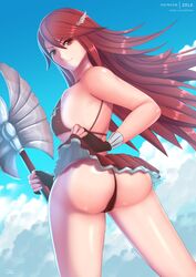 ass bikini bikini_bottom bikini_top cordelia_(fire_emblem) cordelia_(summer)_(fire_emblem) female fire_emblem fire_emblem_awakening fire_emblem_heroes gloves hair_ornament looking_back nintendo red_eyes red_hair solo_female thighs zelc-face