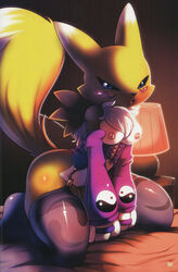 anthro black_nose black_sclera breasts clothes color digimon female female_only fur furry furry_breasts furry_tail indoors nancher raised_tail renamon tagme tail