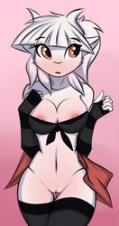 alternate_species anthro blush bovid breasts caprine clothing female fur furrification genitals goat goat_lucifer_(helltaker) hair helltaker hi_res horn legwear looking_back lucifer_(helltaker) mammal nipples pussy red_eyes stockings twiren white_body white_fur white_hair white_horn