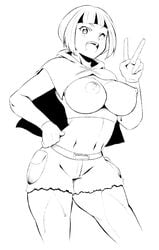 blush breasts clothes female female_only gardenia_(pokemon) hokuto_(tokuho) monochrome nipples open_mouth pokemon pokemon_dppt solo standing wink