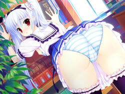 1girls areolae ass breasts breasts_out dat_ass exposed_breasts female game_cg kusunoki_kukune long_hair mitha nanawind nipples no_bra orange_eyes panties seifuku solo striped striped_panties thighhighs thighs tied_hair twintails underwear white_hair yuyukana