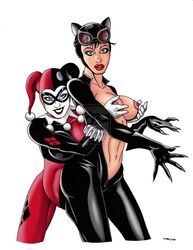 batman_(series) bodysuit catwoman color dc_comics eso2001 female female_only harley_quinn human multiple_females multiple_girls tagme unzipped yuri zipper_pull_tab