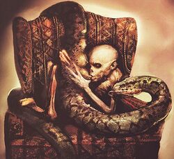 1boy 1girls armchair breastfeeding breasts chair duo female harry_potter harry_potter_and_the_goblet_of_fire indoors interspecies looking_at_partner male monochrome nagini nipple_suck nipples official_art on_chair paul_catling sepia sitting sitting_on_chair snake straight sucking_nipples tongue tongue_out voldemort