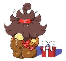 2024 balls blush bodily_fluids bound bow_ribbon box brown_body brown_fur christmas container darkened_balls darkened_genitalia darkened_penis digital_drawing_(artwork) digital_media_(artwork) fangs feral food fruit fur generation_6_pokemon genital_fluids genital_raphe genitals gift_box holidays jacques_o'fluffkins male nintendo orange_body penis plant pokemon pokemon_(species) precum pumpkaboo pumpkin raphe_(anatomy) ribbons scrotal_raphe scrotum scrotum_flap slem solo teeth