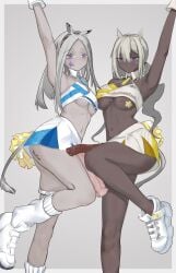 2futas arknights cheerleader_uniform dark_skin futanari heavyrain_(arknights) horse_girl horsecock light_skin rioffi tuye_(arknights) underboob