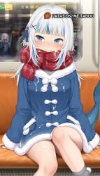 1boy 2girls ai_generated blue_coat blue_eyes blue_hair blue_nails blunt_bangs blush breasts closed_mouth coat cum cum_on_body cum_on_clothes feet_out_of_frame female fins fish_tail fur-trimmed_coat fur_trim gawr_gura grey_hair grey_socks hair_ornament hair_ribbon hololive hololive_english hololive_myth long_hair long_sleeves looking_at_viewer looking_to_the_side male meitabuu multicolored_hair multiple_girls nail_polish plaid plaid_scarf pom_pom_(clothes) red_scarf ribbon scarf shark_girl shark_hair_ornament shark_tail sitting smile socks solo_focus streaked_hair tail train_interior two_side_up virtual_youtuber winter_clothes winter_coat x_hair_ornament