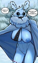 absurd_res accessory antennae_(anatomy) anthro areola arthropod beads big_breasts black_sclera blue_areola blue_blush blue_body blue_eyes blue_insides blue_nipples blue_tongue blue_vulva blush breasts cloak clothing cold detailed_background dialogue evergreen_tree fangs feather_antennae female fr'oss_(ghozt) fur genitals ghozt hi_res insects lepidopteran mostly_nude_anthro mostly_nude_female moth neck_tuft nipples open_mouth outside pine_tree plant pupils pussy snow solo speech_bubble teeth tongue tree tuft unusual_insides vulva white_body white_fur