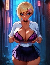 1girls agatha_(xandr) ai_generated alley big_ass big_breasts blonde_hair breasts female gyaru light-skinned_female short_hair tanned_female tanned_skin xandr