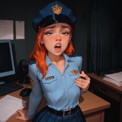 adult ai_generated eraofsin flat_chest green_eyes gwen_tennyson long_hair police_uniform red_hair skirt small_breasts smaller_female through_clothes touching_nipples