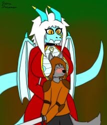 1boy 1girls 2d 2d_(artwork) 2d_artwork absurd_res anthro big_breasts black_bottomwear black_clothing black_pants blue_body blue_horn blue_nipples blush blush_lines bottomwear breasts brown_clothing brown_hair brown_shirt brown_topwear canid canine canis choker clothing dragon duo facial_piercing female fluffy fluffy_hair fur grey_body grey_fur hair head_between_breasts heart_choker hi_res holding_melee_weapon holding_object holding_sword holding_weapon horn jewelry long_tail lyecia_(reena_dreamer) male male/female mammal melee_weapon mythological_creature mythological_scalie mythology necklace nipples nose_piercing nose_ring orange_eyes pants piercing red_clothing reena_dreamer ring_piercing scalie shirt short_hair shoulder_guards simple_background size_difference slightly_chubby slightly_chubby_female smile spikes spikes_(anatomy) sword tagme tail tall_girl thick_thighs topwear watermark weapon white_hair wing_spikes wings wolf