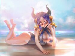 1girls 2d 2d_(artwork) alternate_costume artist_request beach brown-skinned_female day fanart fanart_from_twitter female female_focus female_only full_body horns kalopsie_px latam_virtual_youtuber looking_at_viewer lying lying_down lying_on_stomach mixte_nex outdoors sand short_hair solo solo_focus solo_male summer swimsuit virtual_youtuber vtuber vtuberfanart