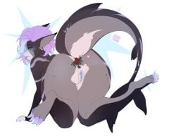 anthro artist_name black_body blue_hair ear_piercing ear_ring eyelashes female female_anthro fish genitals grey_body hair hi_res humanoid_genitalia humanoid_pussy humanoid_vulva looking_at_viewer marine multicolored_hair narrowed_eyes non-mammal_ears non-mammal_hair nude piercing purple_hair pussy qr_code rear_view ring_piercing shark solo sonyan text two_tone_hair vulva white_body yellow_eyes