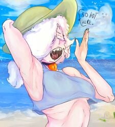 arm_up armpits arms_up brawl_stars choker closed_eyes colette_(brawl_stars) female female female_focus female_only hat ponytail supercell sweat thbahabu_pajn357 tongue top topless topwear white_body white_hair white_skin