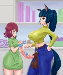 anthro brown_hair censored condom dress filled_condom futanari gloves green_eyes green_hair handjob horse_ears horsecock onahole purple_eyes sex_toy tail truth_cola