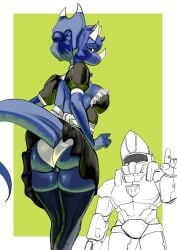 2025 3_horns abstract_background anthro ass big_breasts big_butt blue_body blue_eyes blue_hair blue_scales breasts cavemanon_studios ceratopsian chervyarts cleavage clothed clothing cosplay digital_drawing_(artwork) digital_media_(artwork) dinosaur duo facial_horn fan_character female fingers frill_(anatomy) genitals glistening glistening_body glistening_scales hair hair_bun halo_(series) hi_res horn legwear long_tail looking_at_viewer looking_back looking_back_at_viewer maid_uniform male master_chief microsoft multi_horn nose_horn ornithischian panties parck_(acer3rack) prehistoric_species pussy_floss reptile scales scalie short_hair snoot_game snout stockings tail thigh_highs triceratops underwear uniform vulva white_clothing white_panties white_underwear xbox_game_studios