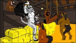 2015 abs anthro ass balls balls_lick biped black_body black_fur black_mane black_striped_fur black_stripes black_tail black_tail_tuft blush bodily_fluids bondage bound bridle brown_body brown_fur crossed_arms crying_laughing cum dominant dominant_anthro dominant_male ejaculation equid equine feet foot_fetish foot_lick foot_play fur genital_fluids genitals group hands_on_hips hay hay_bale heart_symbol hi_res horse laugh licking looking_at_another male male/male mammal mane muscular muscular_anthro muscular_male nipples nude_anthro nude_male open_mouth oral pecs penis racing_stripes restrained restraints rope rope_bondage sex sitting standing striped_body striped_fur stripes stripes_(racing_stripes) submissive submissive_anthro submissive_male tail tail_grab tail_tickle tail_tuft tears teeth tickle_fetish tickle_torture tickling tickling_armpits tickling_feet tongue tongue_out tuft wanderer1988 white_body white_fur yellow_eyes zebra