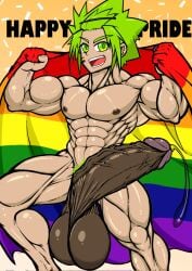 big_balls big_penis darker_balls darker_penis english_text flag flag_(object) gay green_eyes green_hair green_hair_male holding_flag holding_object lgbt_pride lgbt_pride_colors lgbt_pride_month lgbtq+ looking_at_viewer low_hanging_balls massive_balls massive_penis muscular muscular_male oc original_character precum precum_drip precum_string pride_color_flag pride_colors pride_flag pride_month purple_glans rainbow_pride_colors smile smiling smiling_at_viewer veiny veiny_penis zeignal