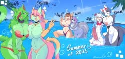 2025 anthro anthro_on_anthro aquas_(exyli) areola aura_(exyli) avian balls beach big_penis bikini bird breast_squish breasts chest_tuft clothing cloud collar detailed_background domestic_cat exyli eyewear featureless_breasts felid feline felis female female/female femboy fish genitals gesture group hand_gesture hi_res huge_cock humanoid_genitalia humanoid_penis looking_at_viewer male male/female mammal marine matt_(exyli) navel nipples owl palm_tree penis plant pulling_bra sara_(exyli) shark squish summer sunglasses swimwear tail tree tuft two-piece_swimsuit v_sign vivian_(exyli) vulva