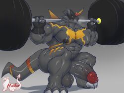 abs anthro armor balls bandai_namco barbell barbell_squats big_penis black_body bulkmon digimon digimon_(species) exercise genitals headgear helmet hi_res huge_cock male masterelrest muscular muscular_anthro muscular_male pecs penis solo weightlifting workout