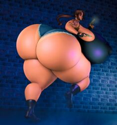 ass ass_focus bent_over boots breasts brown_hair denim_shorts female fingerless_gloves gloves gun handgun holding_gun holster huge_ass large_breasts looking_back ponytail revy_(black_lagoon) short_hair short_shorts shorts solo tattoo thick_thighs thighs weapon