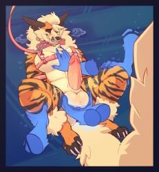 ambiguous_gender anthro arcanine arms_tied ball_fondling balls big_balls big_penis blue_background bound canid canine collar disembodied_hand fondling generation_1_pokemon genitals group hand_on_chest hands_behind_back harness humanoid_genitalia humanoid_penis leash leashed_collar lying male male/ambiguous muscular muscular_anthro muscular_male nintendo on_back penis pokemon pokemon_(species) simple_background sinisterheaven submissive submissive_anthro submissive_male