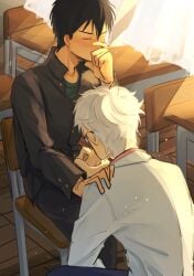 2boys black_hair blowjob blush class_3-z classroom closed_eyes detailed_background erection fellatio gakuran gay gintama gintoki_sakata glasses hijikata_toshiro holding_penis male male_only official_alternate_costume oral penis penis_out school_uniform sweat teacher teacher_and_student white_hair whitecatemily yaoi