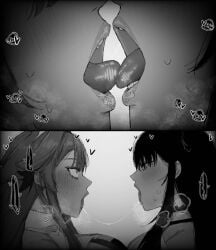 carrot_011 drool drool_on_face drooling fangs hololive hololive_english lesbian_kiss nerissa_ravencroft panther_girl raora_panthera tongue tongue_kiss yuri yuri