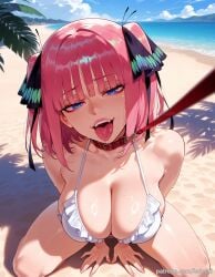 ai_generated balecxi bare_shoulders beach blue_eyes blunt_bangs butterfly_hair_ornament cleavage collar female frilled_bikini frills go-toubun_no_hanayome hair_ornament large_breasts leash looking_at_viewer nakano_nino ocean open_mouth outdoors patreon_username pink_hair saliva short_hair solo swimsuit teeth tongue tongue_out two_side_up white_bikini