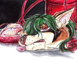 blood bodily_fluids death feral gore green_hair hair headless heart_symbol severed_body_part severed_head