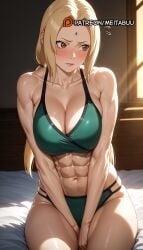 abs ai_generated alternate_muscle_size averting_eyes bare_shoulders bed_sheet between_legs bikini blonde_hair blush boruto:naruto_next_generations breasts brown_eyes cleavage closed_mouth collarbone embarrassed facial_mark female flying_sweatdrops forehead_mark green_bikini green_panties hand_between_legs indoors large_breasts light_rays lips long_hair looking_to_the_side low_twintails makeup mature_female meitabuu muscles muscular muscular_female naruto naruto(series) naruto_(series) navel on_bed panties patreon_username red_lips sitting skindentation solo sports_bra stomach sunbeam sunlight swimsuit thighs toned tsunade tsunade_(naruto) twintails underwear v_arms web_address window
