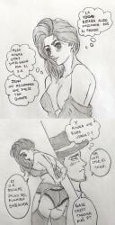 1boy 1girls aged_up alluring blush changing_clothes comic curvy female grown_up hair_down lingerie male monochrome pencil_(artwork) seductive snk_andree_art spanish_text straight talking_to_another thinking_of_someone_else traditional_media_(artwork) underwear undressing undressing_self