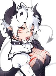 big_breasts blaire_rune blairevt breasts clothed clothing collar demon demon_girl demon_horns demon_tail demon_wings devil devil_horns devil_tail devil_wings earrings fully_clothed large_breasts licking licking_lollipop lollipop looking_at_viewer maid maid_headdress maid_uniform red_eyes seductive seductive_eyes seductive_gaze seductive_look shaded shadow short_hair spiked_collar suggestive suggestive_look tongue tongue_out white_hair