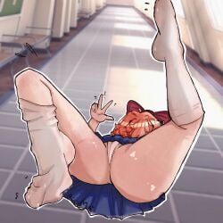 ahoge blue_skirt bow clumsy coral coral_pink_hair ddlc doki_doki_literature_club feet feet_focus feet_up foot_fetish foot_focus ginger ginger_hair panties perspective pink_hair riccicamori sayori sayori_(doki_doki_literature_club) school school_uniform schoolgirl socks stockings sweat sweatdrop sweaty unaware underwear upskirt upskirt_view white_panties white_skin