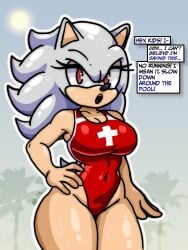 after_transformation anthro black_nose breasts broth_nsfw clothing dialogue eulipotyphlan female gender_transformation hair hedgehog hi_res lifeguard_swimsuit looking_at_viewer mammal medium_breasts mtf_transformation open_mouth outside red_eyes sega solo sonic_(series) sonic_the_hedgehog sonic_the_hedgehog_(series) thick_thighs transformation wet wet_body wet_clothing white_hair