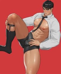 1boy bara big_bulge blush briefs bulge bulge_through_clothing collared_shirt gay gay_male huge_bulge male male_focus male_nipples male_only muscular muscular_male naoki_(xhju8282) nipples original original_character penis_outline solo_male tie yaoi