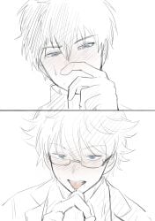2boys blue_eyes blush class_3-z fellatio gay gintama gintoki_sakata glasses hijikata_toshiro male male_only official_alternate_costume oral penis smile spot_color teacher teacher_and_student tongue_out whitecatemily yaoi